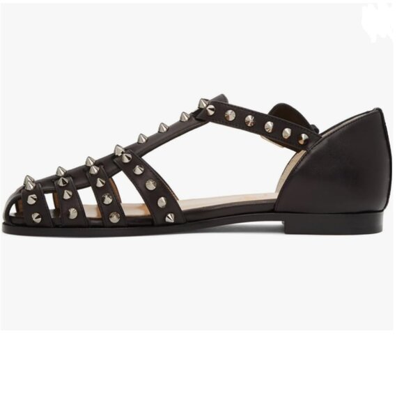 FSJ Shoes - FSJ Black Studde Closed Toe Sandals Low Block Heel Woven Roman Ankle Strap Shoes